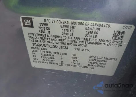 2013 GMC Terrain Slt-2 z USA, uszkodzony, nr VIN 2GKALWEK5D6101934